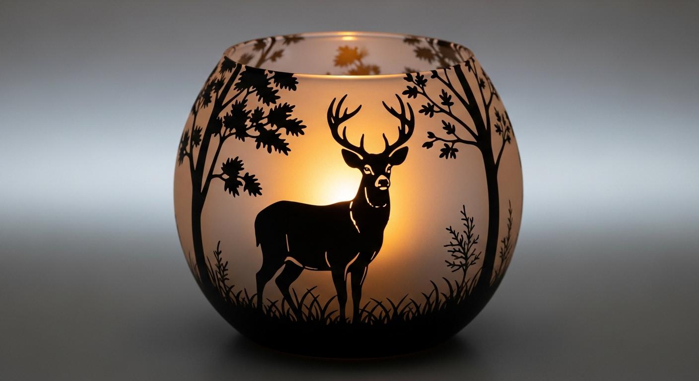 Hand‑Painted Glass Candle Holder “Deer in the Woods” – Rustic Nature Votive Bowl