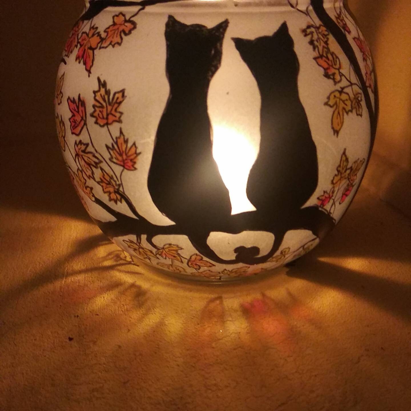 Hand Painted Cat Candle Holder: Autumn Leaves, Whimsical Gift - Thumbnail 3