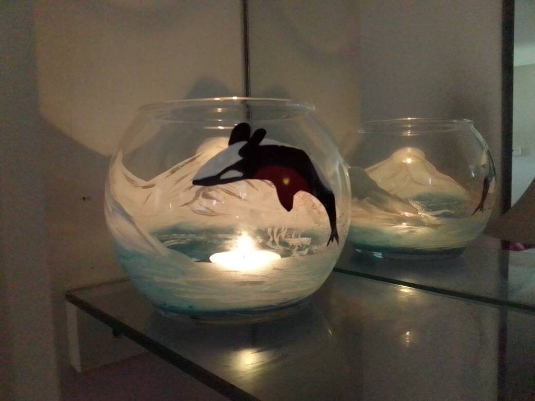 Orca killer whale in ocean and mountain hand painted candle holder - Thumbnail 3