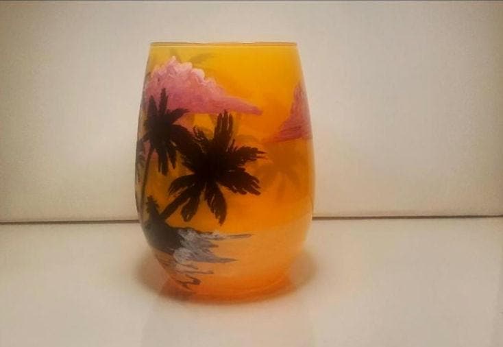 Hand Painted Island Beach Candle Holder: Sunset Palm Tree Decor - Thumbnail 2