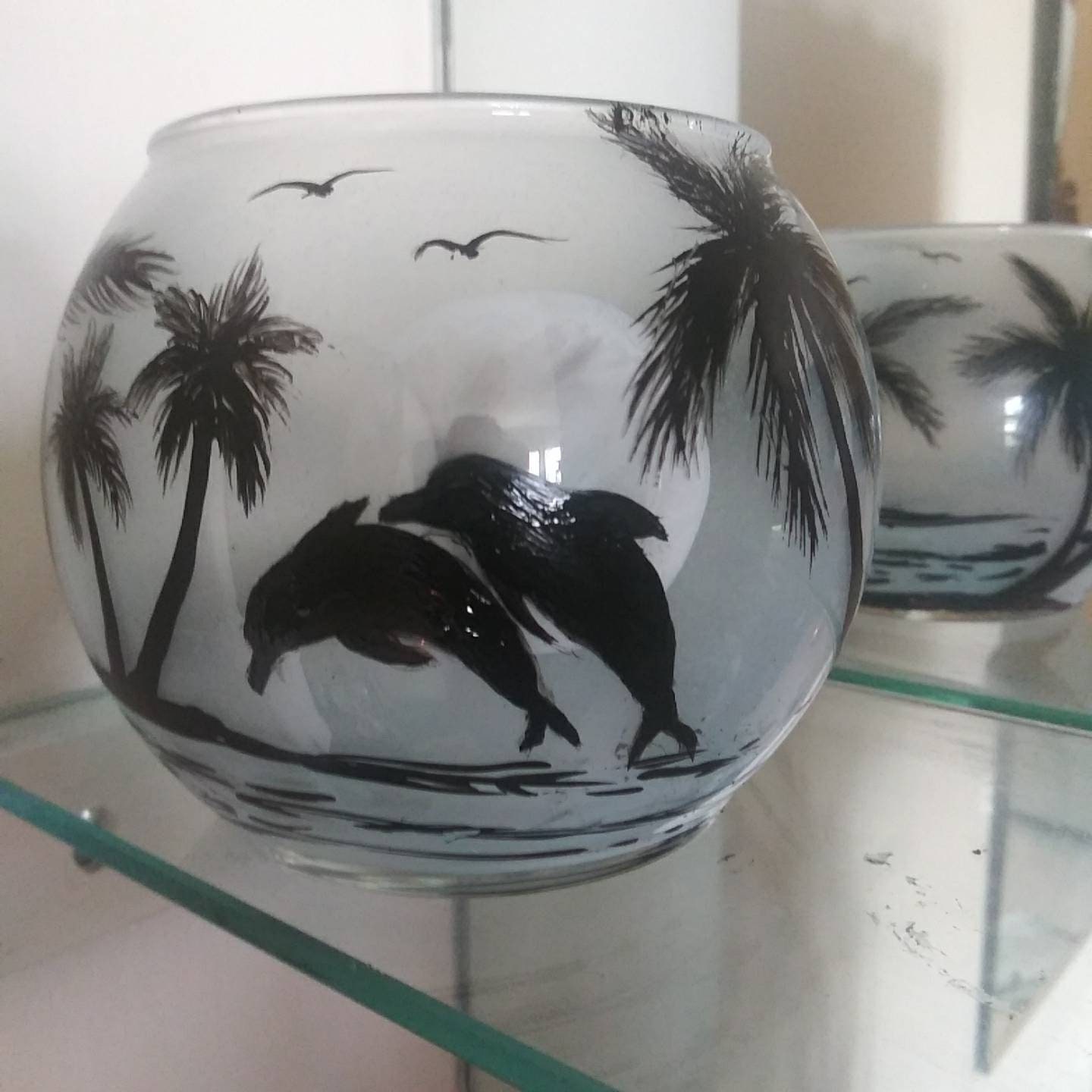 Hand Painted Dolphin Candle Holder: Frosted Blue Glass, Beach Decor - Thumbnail 6
