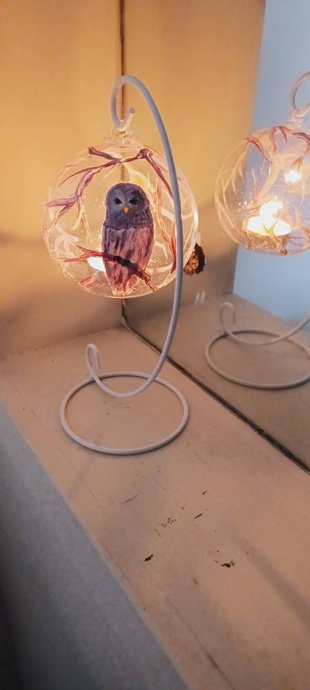 Snow owl snow flex and branch Hand painted candle holder - Thumbnail 5