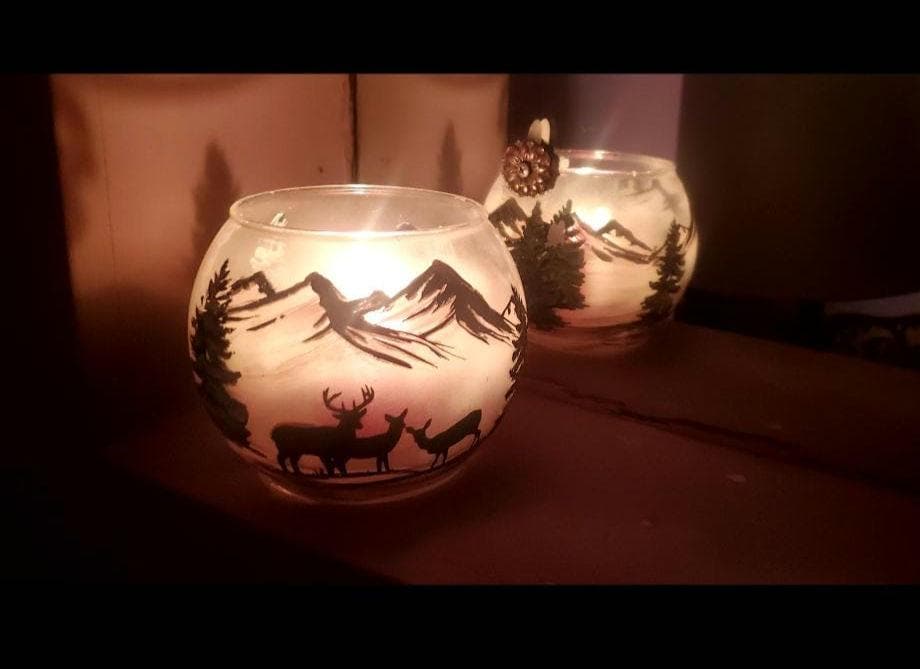 Hand Painted Deer Glass Candle Holder: Winter Mountain Scene - Thumbnail 2