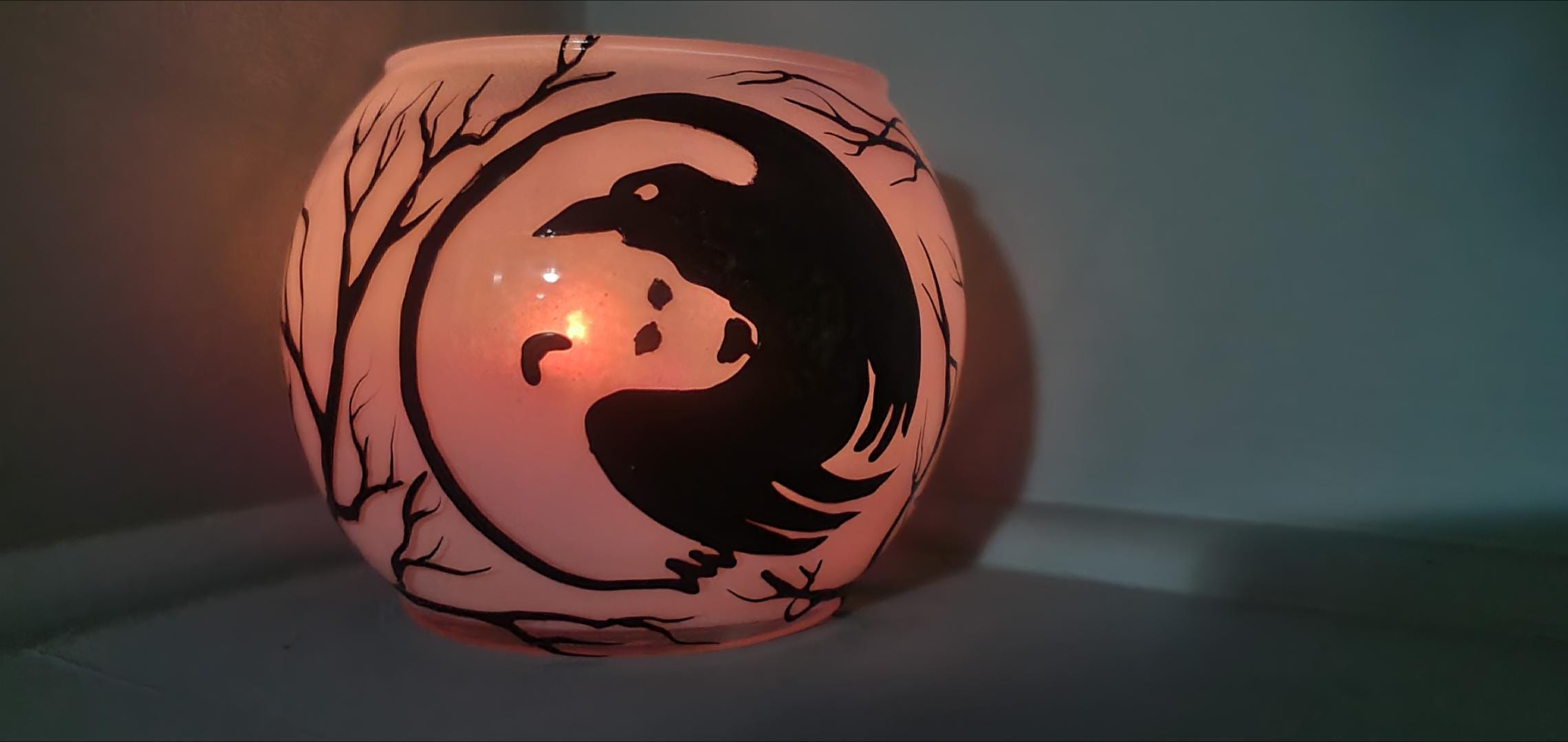 Hand Painted Glass Candle Holder: Bear and Crow Yin Yang Design