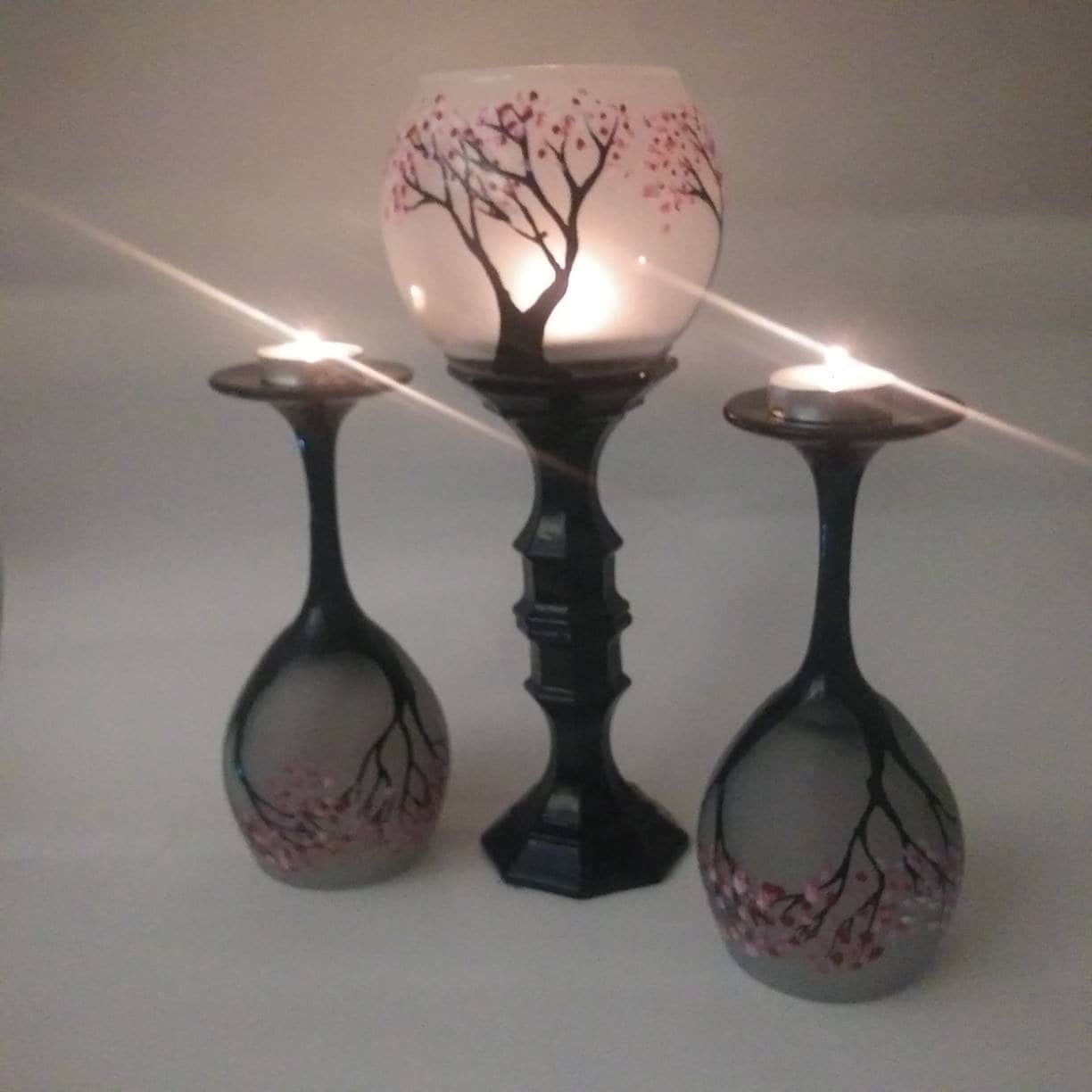 Cheery blossom trees Candle holder set of 3 hand painted glass - Thumbnail 5