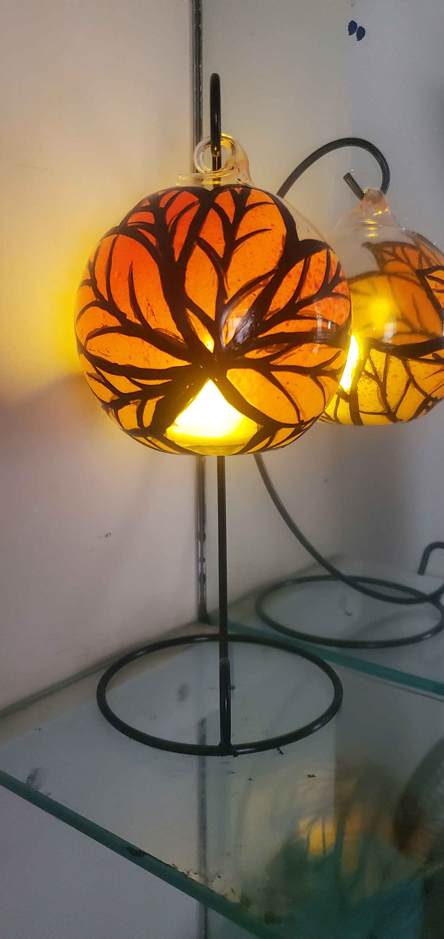 Orange leave fall hand painted candle holder - Thumbnail 4