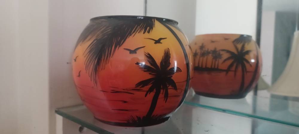 Sunset color beach hand painted candle holder, palm trees - Thumbnail 5