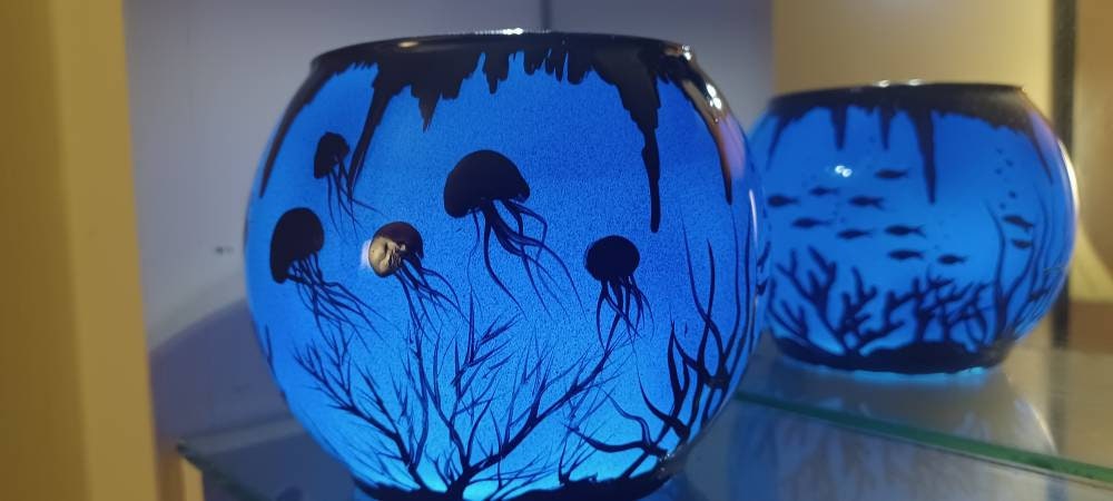 under the sea creatures hand painted candle holder Blue and black - Thumbnail 5
