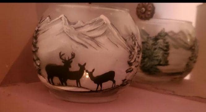 Hand Painted Deer Glass Candle Holder: Winter Mountain Scene - Thumbnail 6