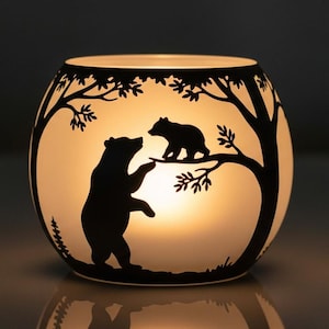 Hand-Painted Bear Candle Holder – Glass Bowl with Mom and Baby Bear in Mountain Landscape – Unique Wildlife Decor Gift
