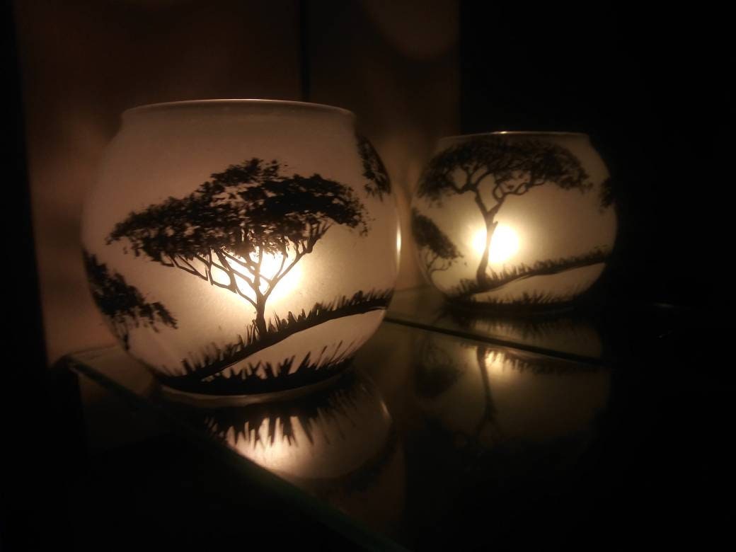 Savannah landscape trees and moon hand painted candle holder - Thumbnail 5