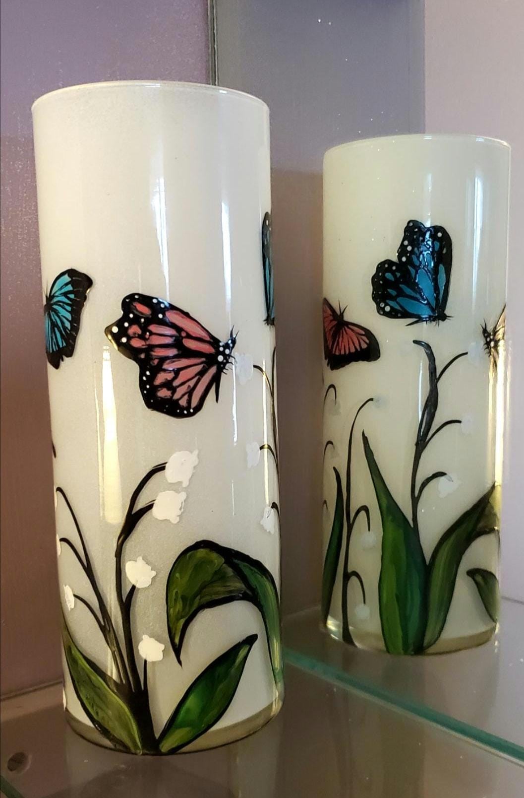 Hand Painted Butterfly & Lily of the Valley Glass Candle Holder (3x9")