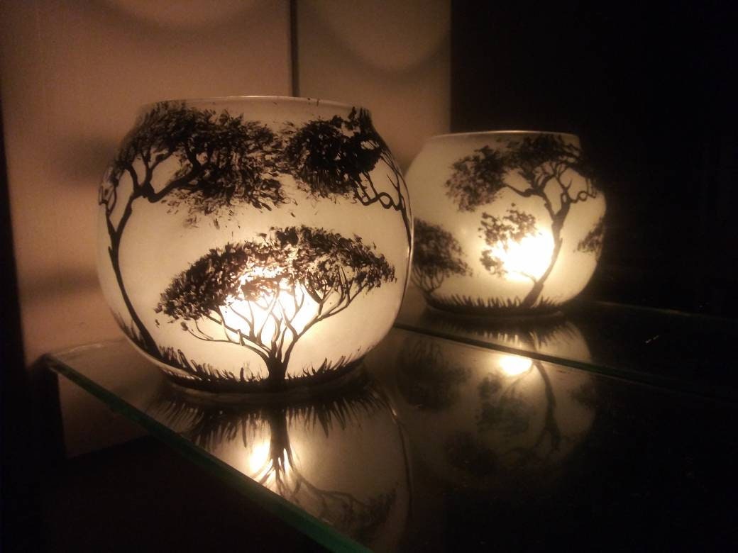 Savannah landscape trees and moon hand painted candle holder - Thumbnail 2
