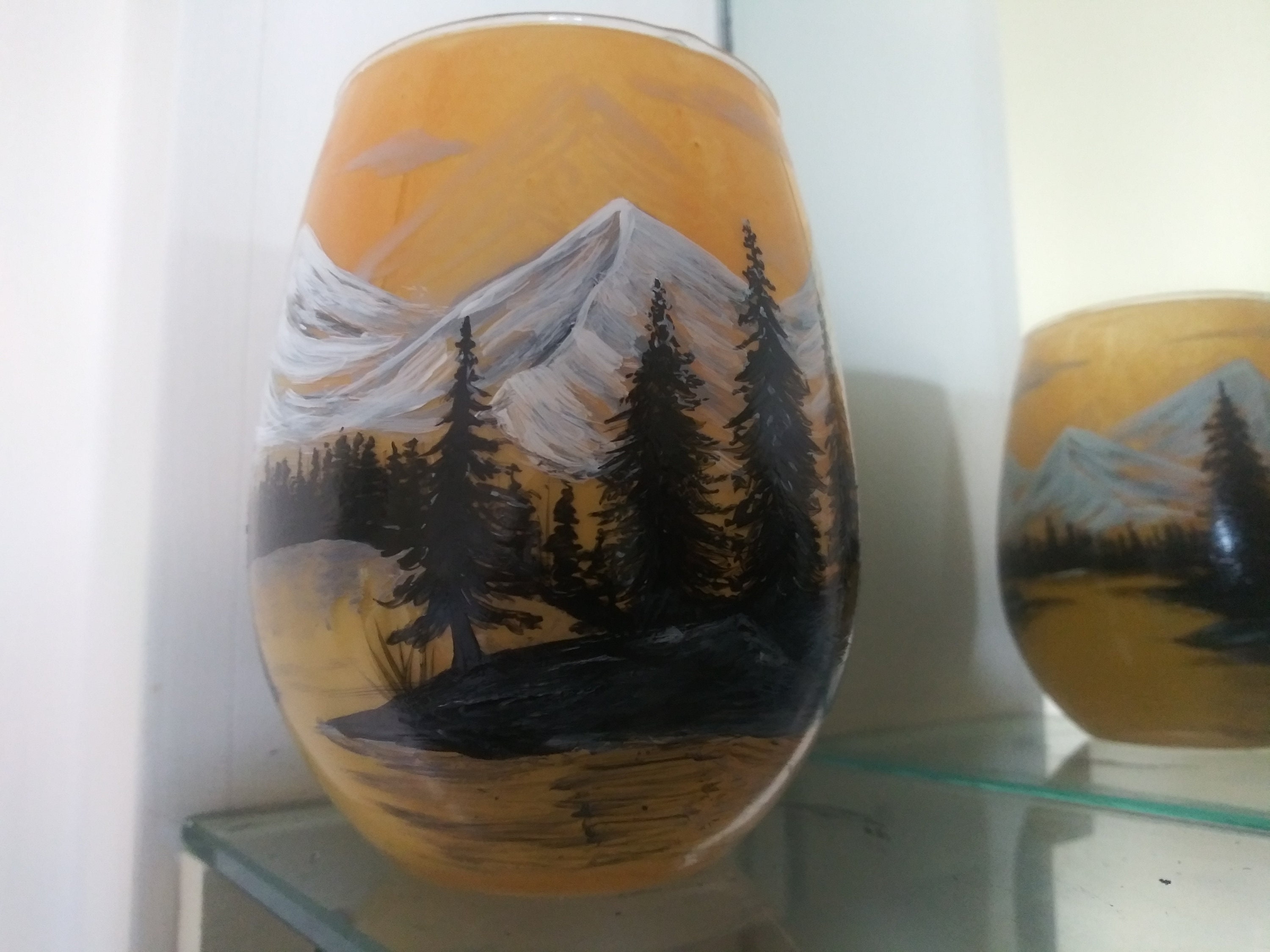 Hand Painted Mountain Lake Sunset Glass Candle Holder - Thumbnail 6