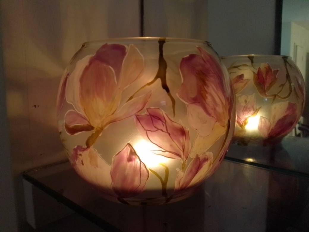 Purple and gold cherry blossom flower hand painted candle holder - Thumbnail 4