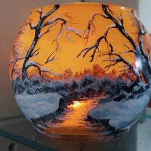 Sunset in the winter forest hand painted candle holder glass bowl