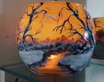 Sunset in the winter forest hand painted candle holder glass bowl