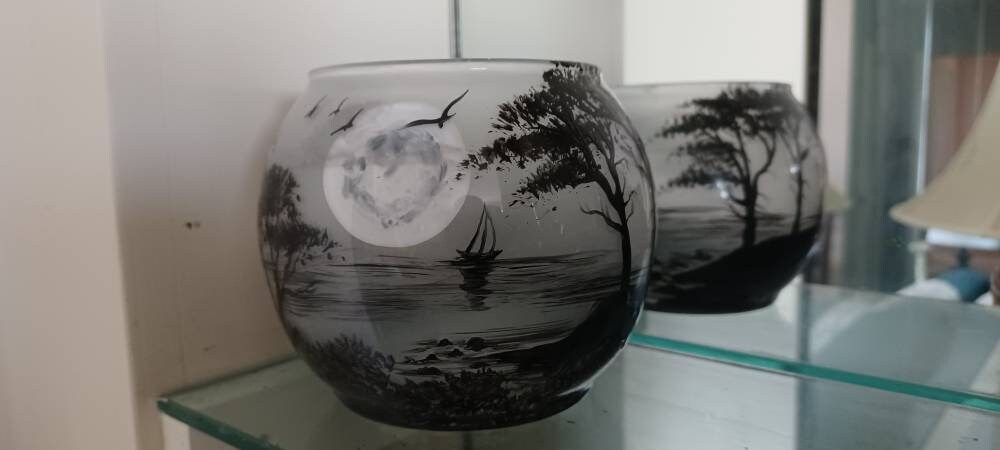 Beach and Monterey cyprus trees hand painted candle holder 4"x5" - Thumbnail 5
