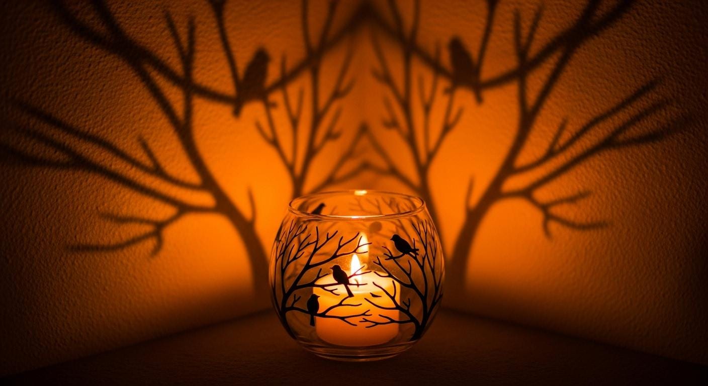 Handpainted Bird Tea Light Holder: Black Branch Glass Bowl (4x4") - Thumbnail 2