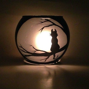 Beautiful Handpainted Halloween candle holder soft light cat set on branch and moon shadow