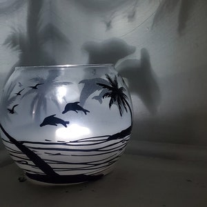 Dolphin , sea and palm , trees , candle holder , hand painted , glass , black and white , fun, gift , unique, beautiful