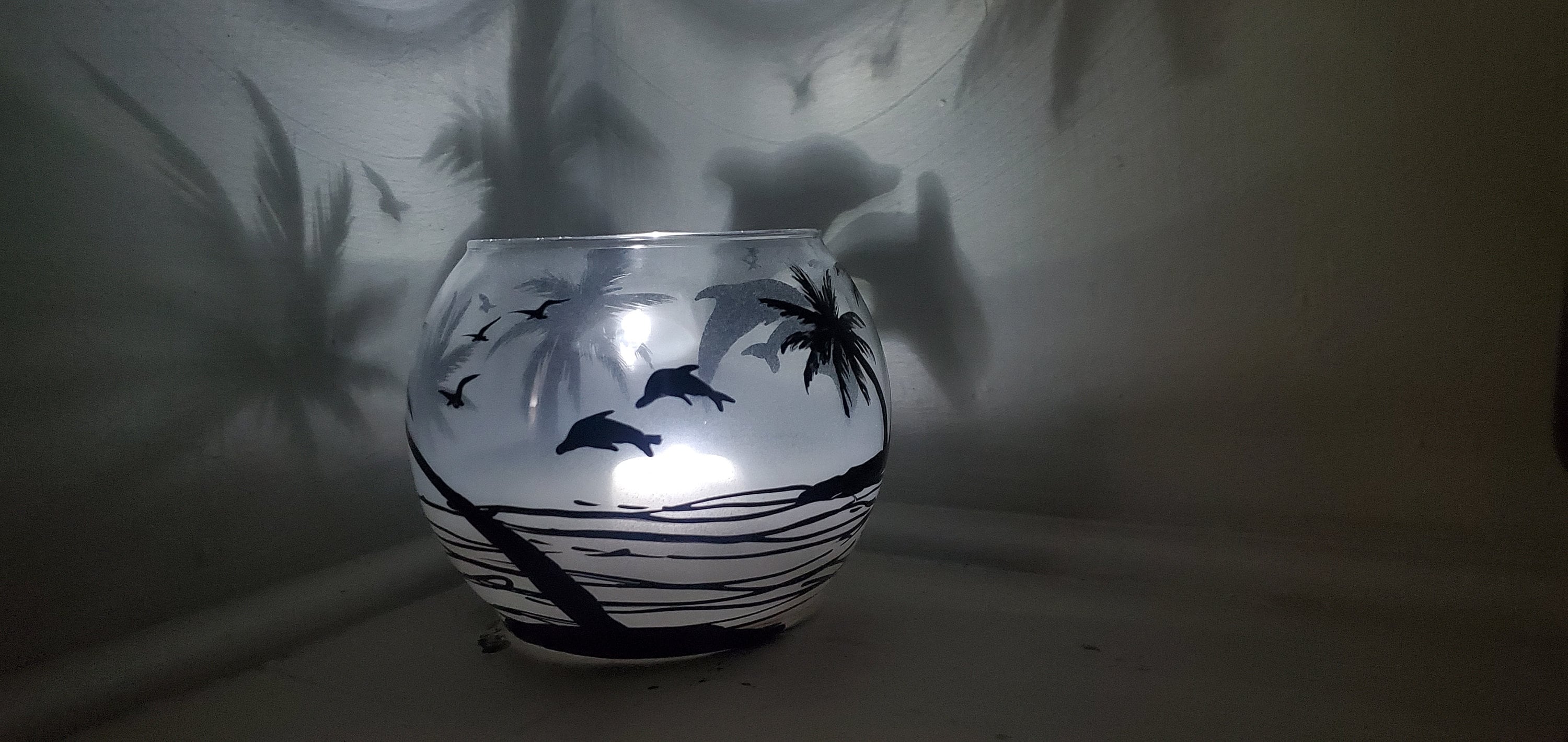 Hand Painted Dolphin Candle Holder: Frosted Blue Glass, Beach Decor - Thumbnail 3