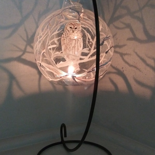 Snow owl snow flex and branch Hand painted candle holder