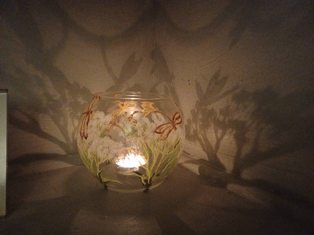 dragonflies with a little foliage hand painted candle holder glass 4x5" - Thumbnail 2