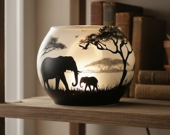 Mom elephant and baby elephant hand-painted candleholder glass bowl gift, customized gift, Christmas gift, handmade Artwork