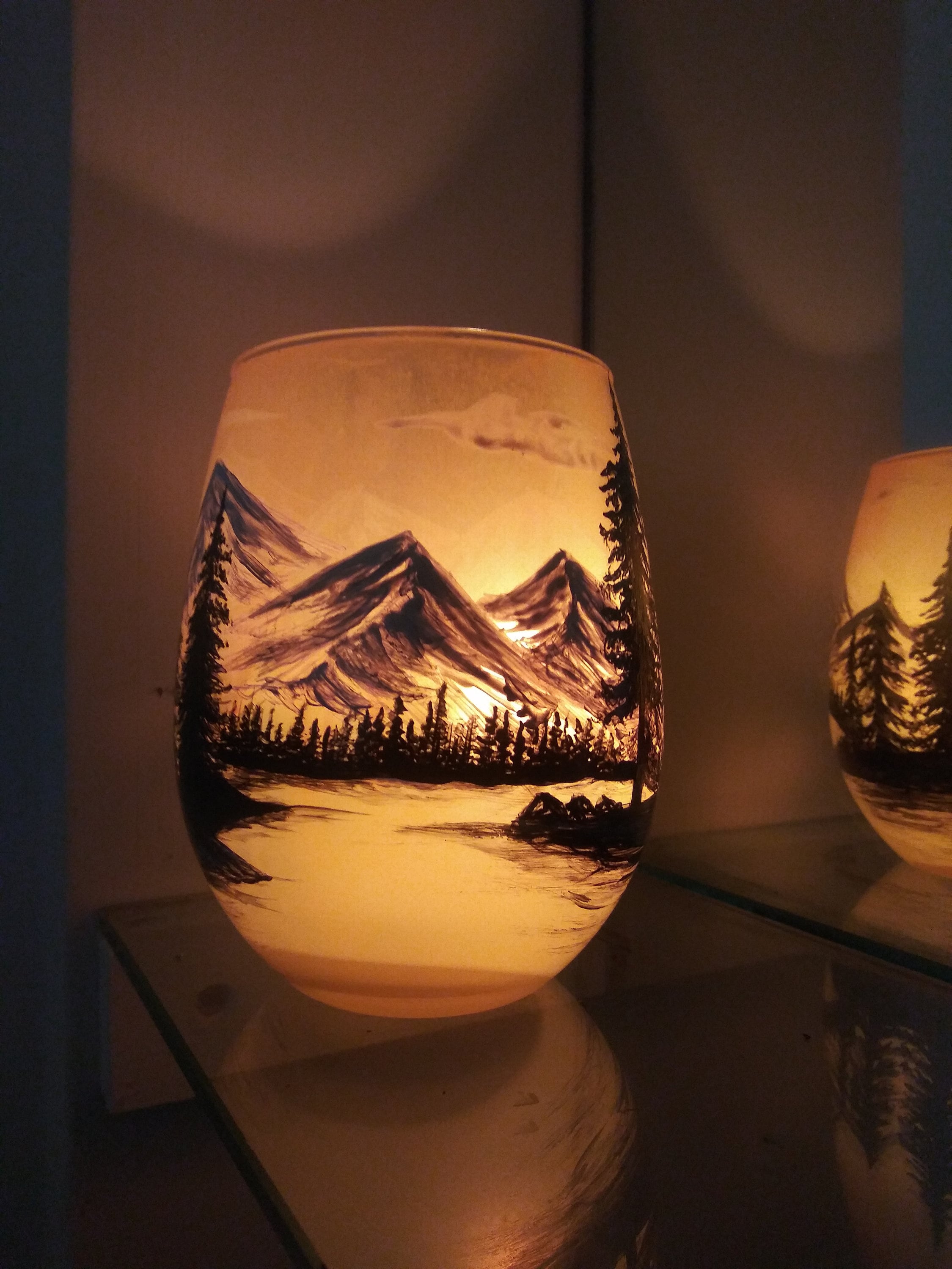 Hand Painted Mountain Lake Sunset Glass Candle Holder - Thumbnail 2