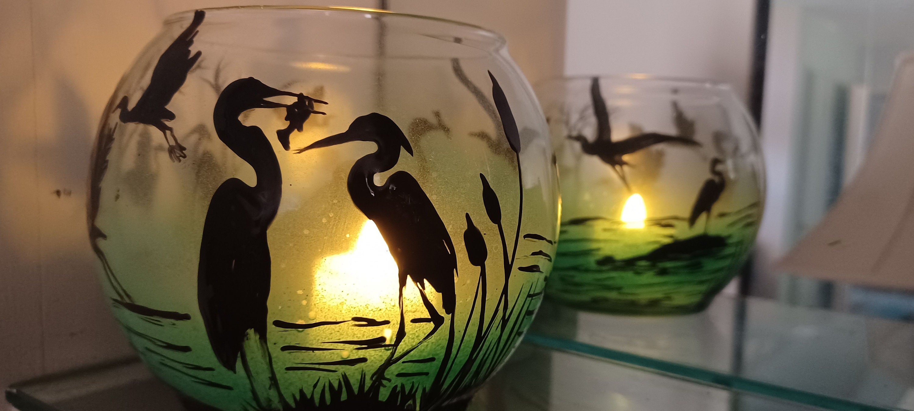 Hand Painted Bird Candle Holder: Egret Lake Scene - Thumbnail 3