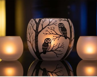 Hand-Painted Owl Candle Holder: Frosted Glass Nature Decor