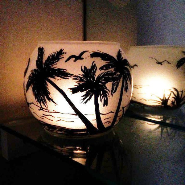 Hand painted glass bowl candle holder beach and palm Art vase "candle not included "
