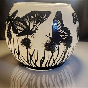 Butterfly landscape candle holder hand painted in glass bowl gift