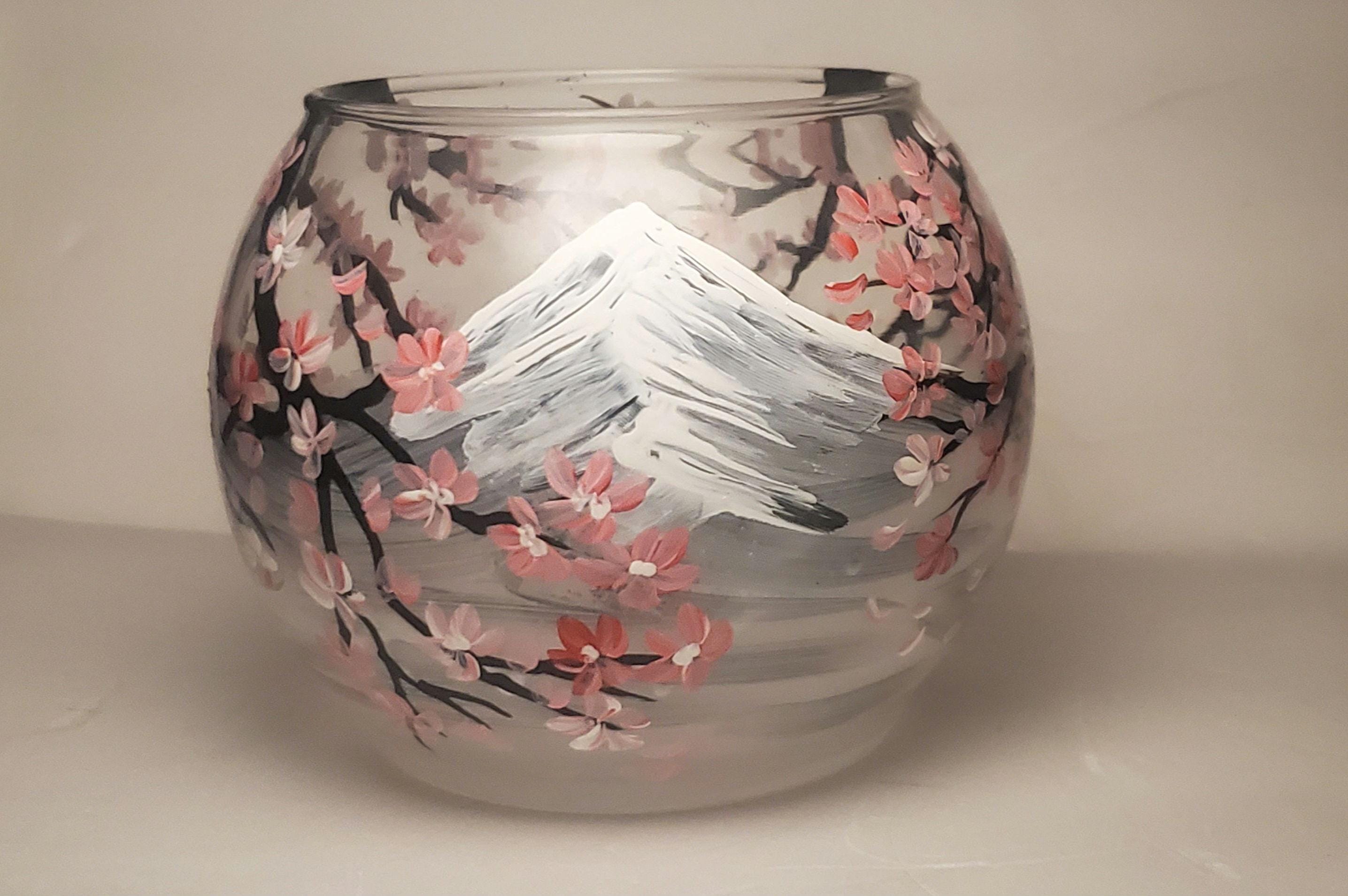 Hand Painted Cherry Blossom Candle Holder: Japanese Mountain Art Glass Bowl (4.9") - Thumbnail 4
