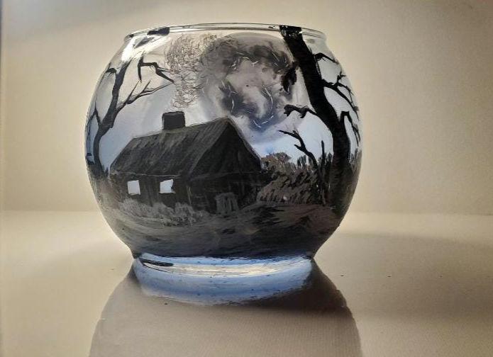 Hand Painted Winter House Candle Holder: Holiday Shadow Scene - Thumbnail 4