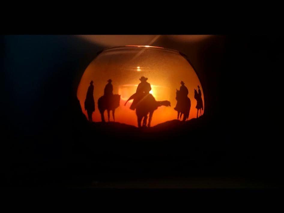Group of cowboys ,horses, sunset, hand painted candle holder sunset color 4x5" - Thumbnail 5