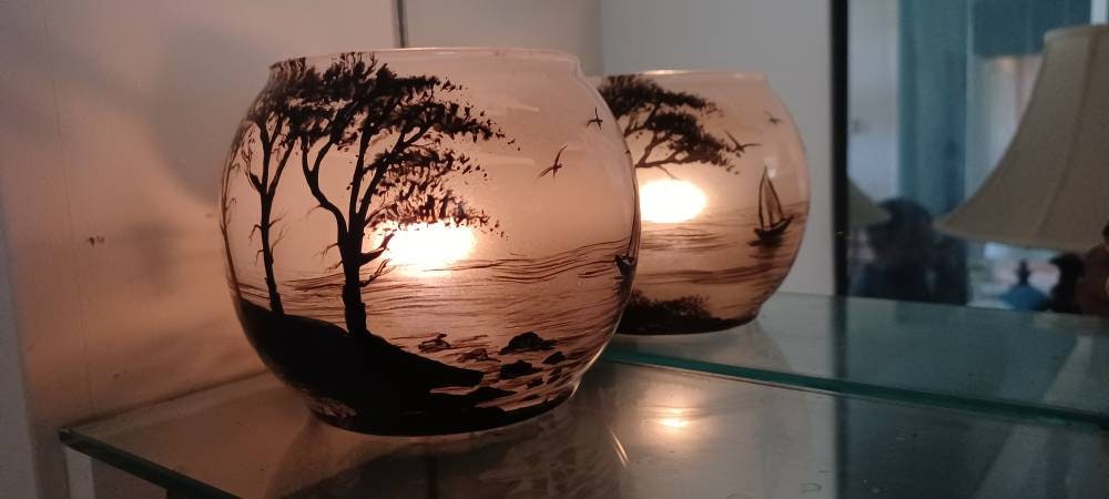 Beach and Monterey cyprus trees hand painted candle holder 4"x5" - Thumbnail 3