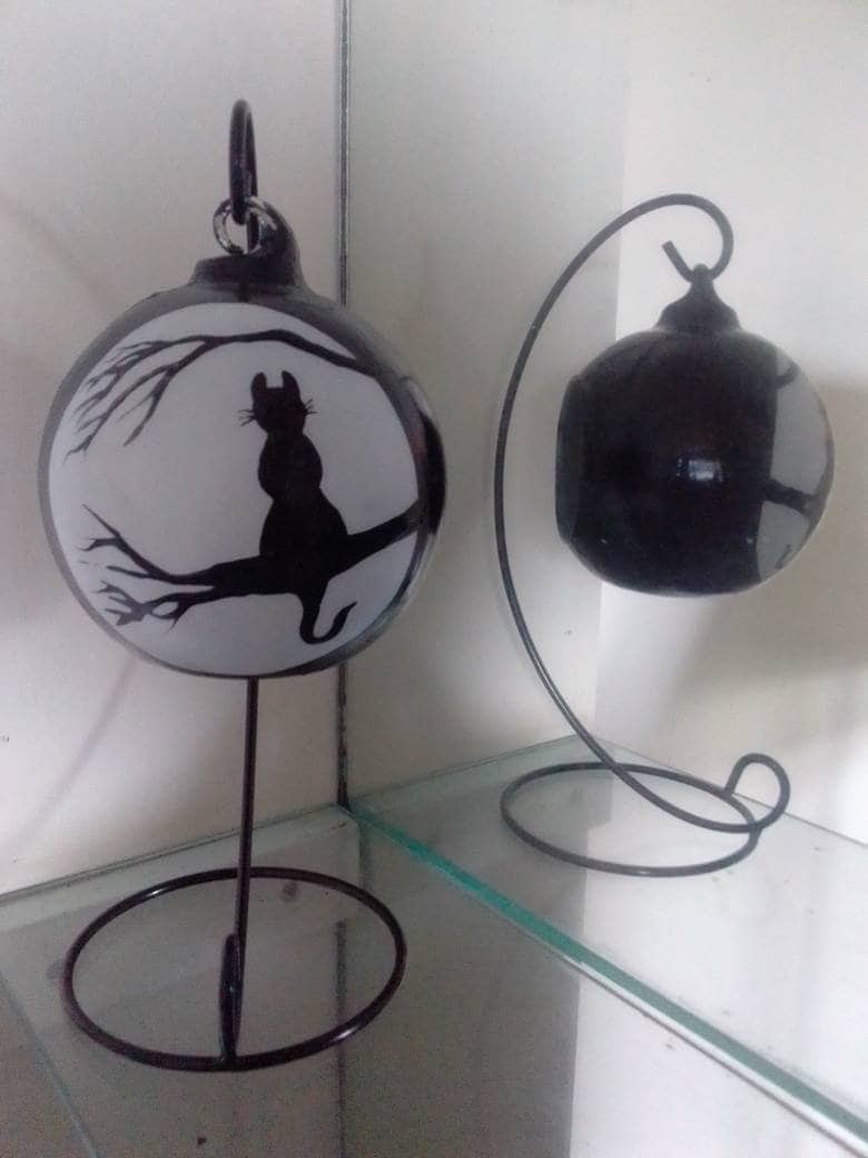 Hand Painted Cat Candle Holder: Tree Branch Silhouette Glass Ornament - Thumbnail 2