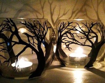 One Candle Holder, Glass vase in black color, size 9.8cm 3.875", Hand Painted, love gift dinner table.
