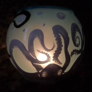 Black and white Octopus under the sea, hand painted candle holder