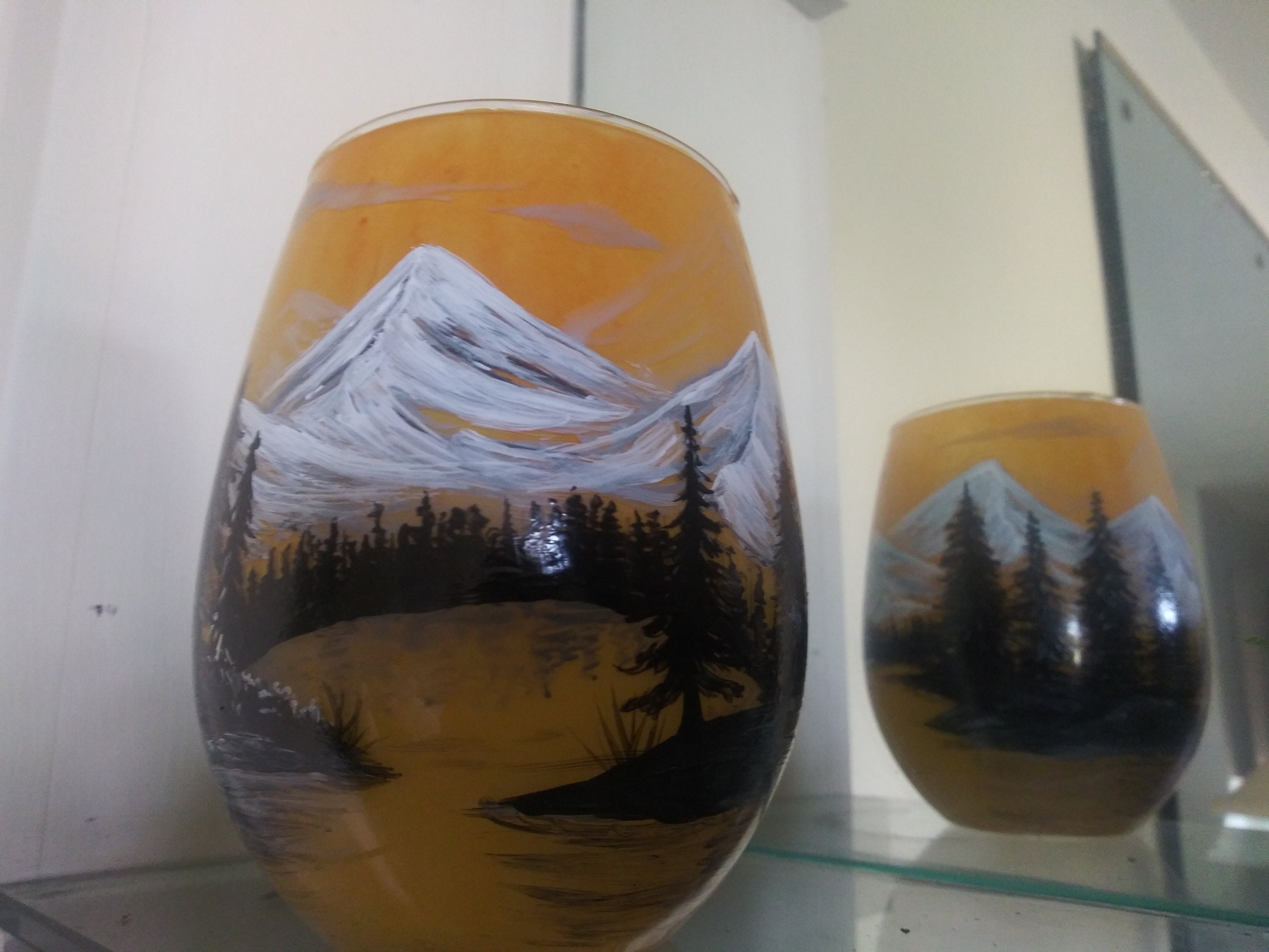 Hand Painted Mountain Lake Sunset Glass Candle Holder - Thumbnail 7