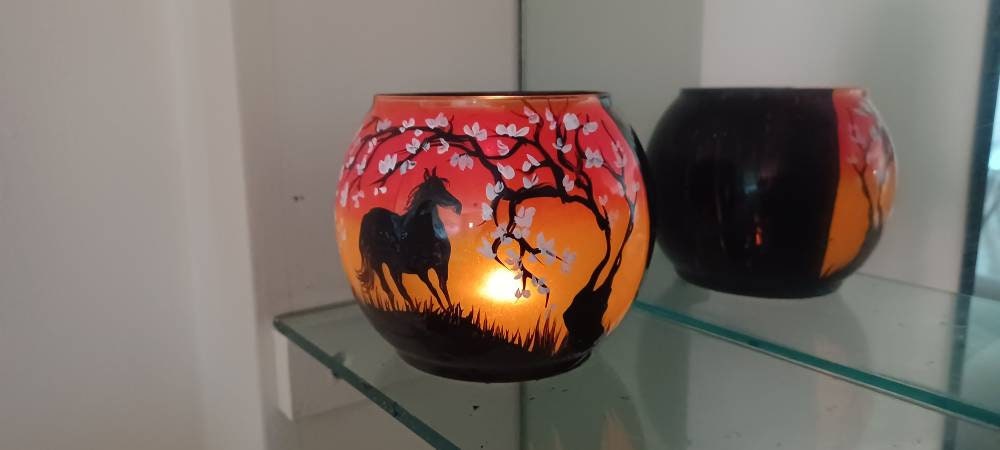 Horse and white cherry blossom tree with sunset hand painted candle holder - Thumbnail 5