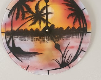 Glass wall clock hand painted gift sunset in the beach and palm trees