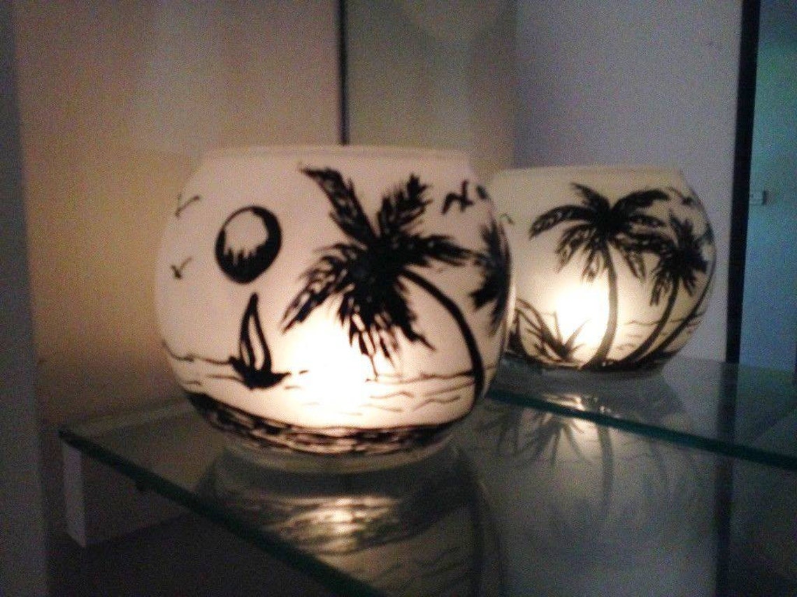 Hand Painted Glass Bowl Candle Holder Beach and Palm Art Vase Etsy