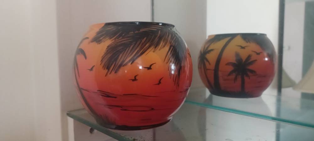 Sunset color beach hand painted candle holder, palm trees - Thumbnail 4