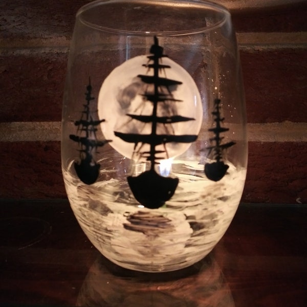 Ships sail on the sea with the moon reflection hand painted glass candle holder