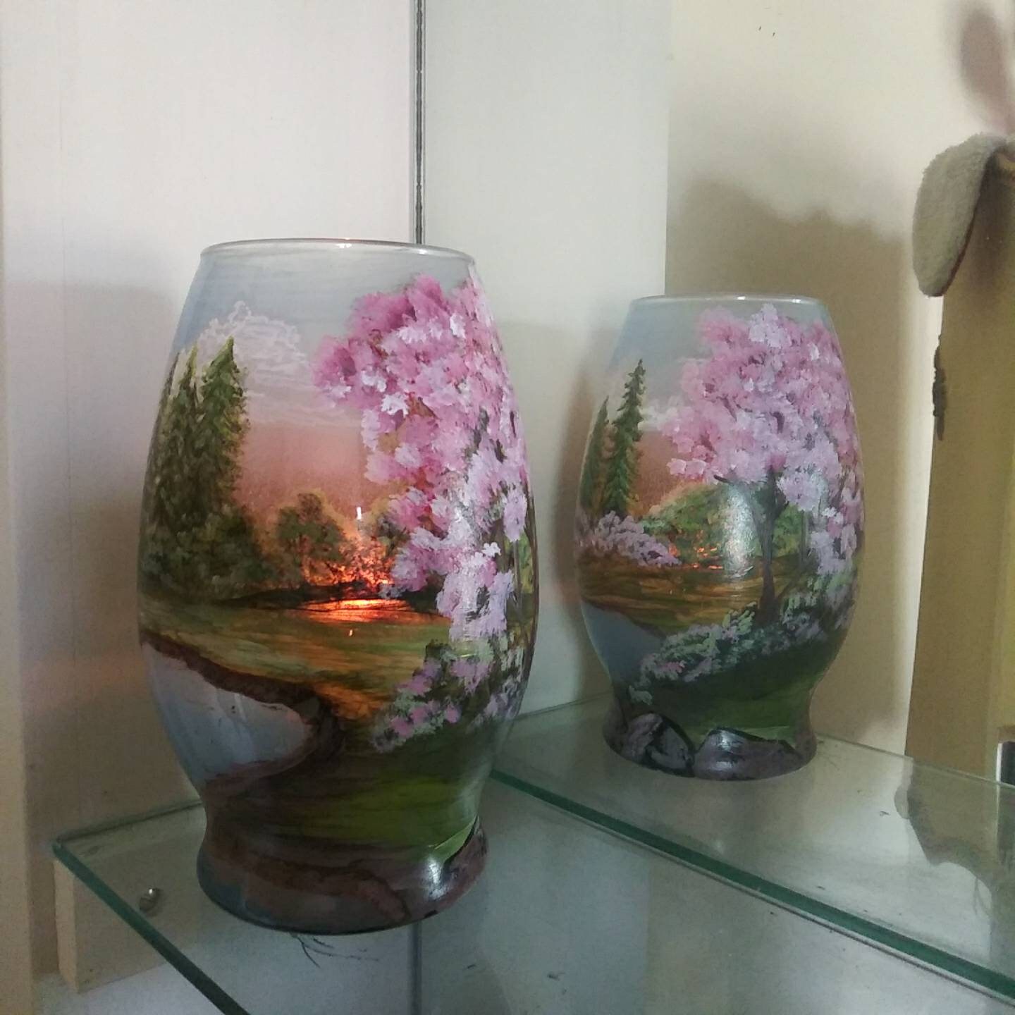 Glass Art Vase Candle Holder: Lake & Cherry Blossom Landscape - Thumbnail 6