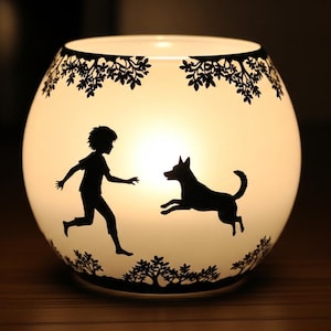 playful dog and his friend, jumping on the air and play, candle holder gift