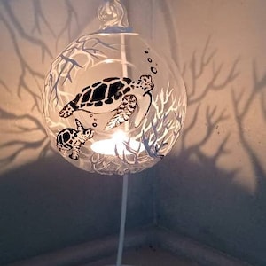 Sea turtle and coral reef under the sea  hand painted  hanging candle holder